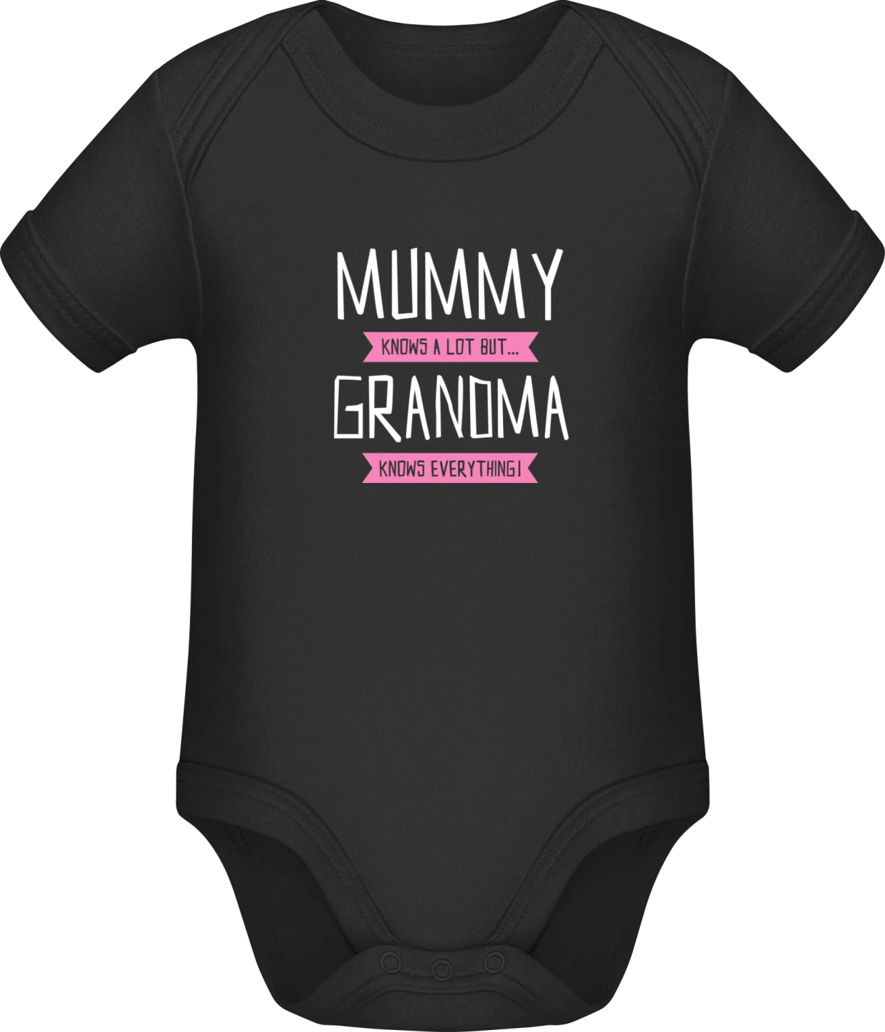 Mummy Knows A Lot But Grandma Knows Everything - Black Sonar SSL organic babybodsuit - Front