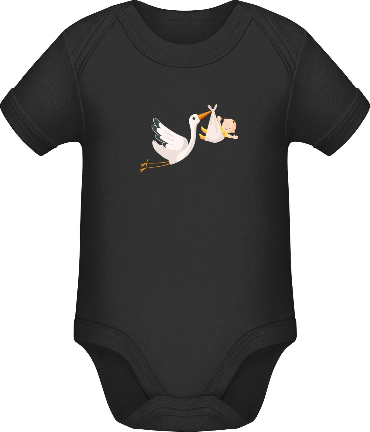 Stork And Baby Flying  - Black Sonar SSL organic babybodsuit - Front