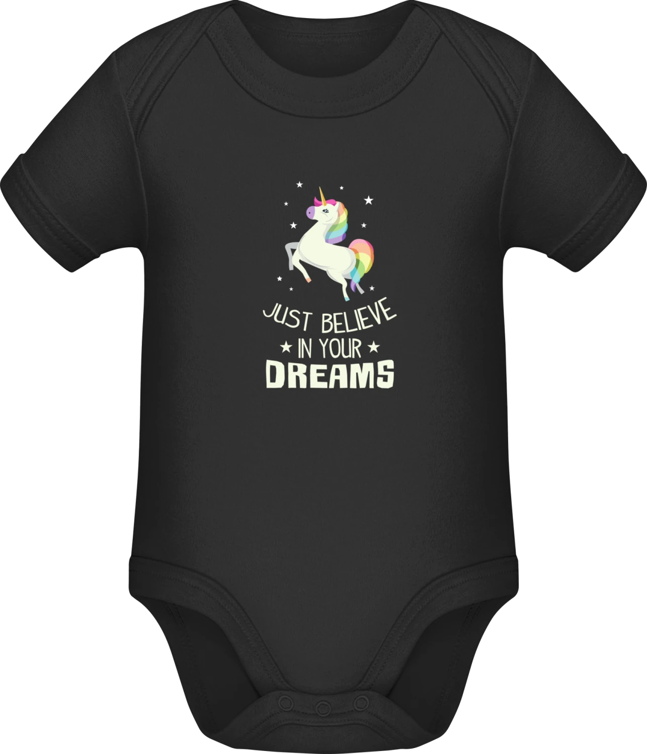 Believe In Your Dreams Unicorn - Black Sonar SSL organic babybodsuit - Front