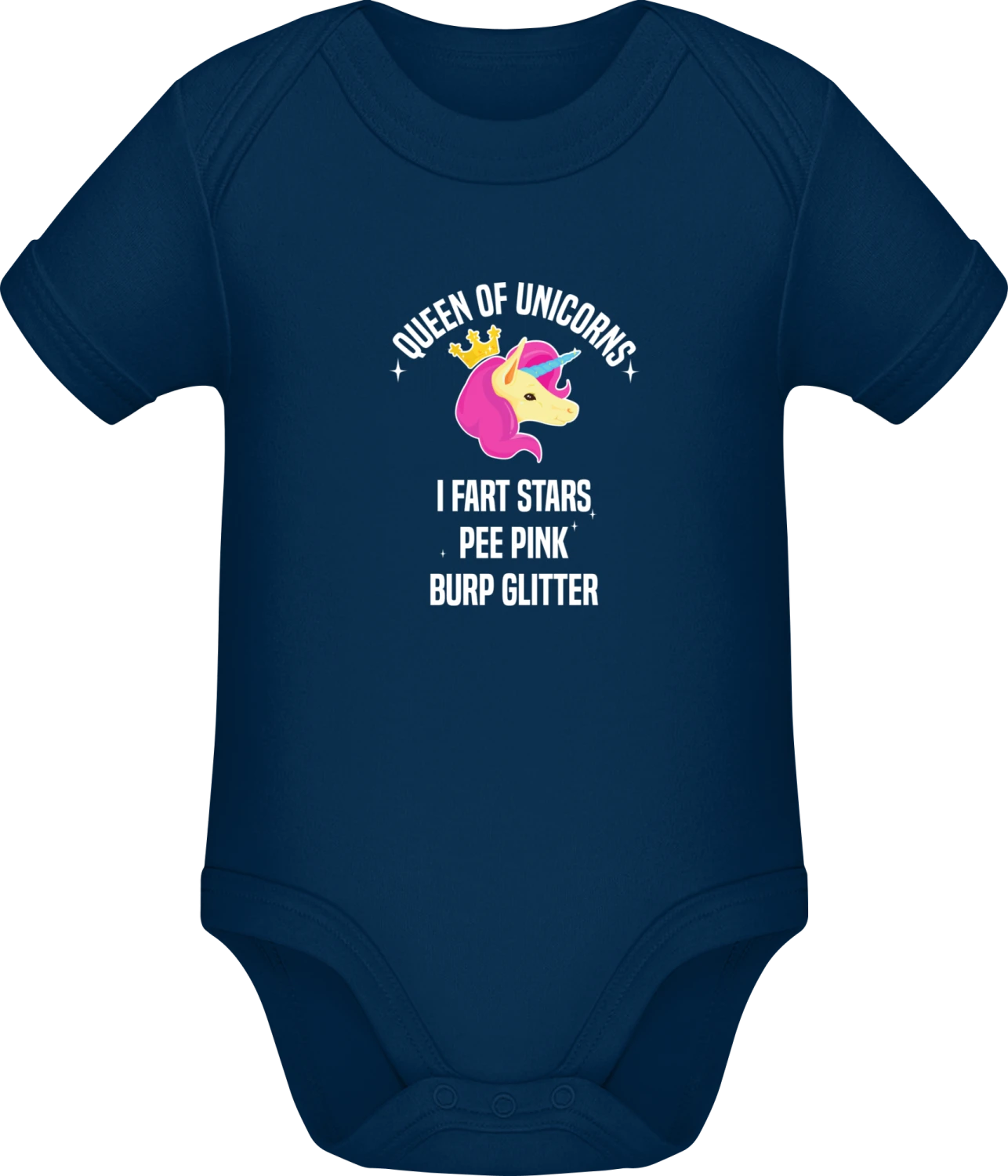 Queen Of Unicorns - Dark Blue Sonar SSL organic babybodsuit - Front