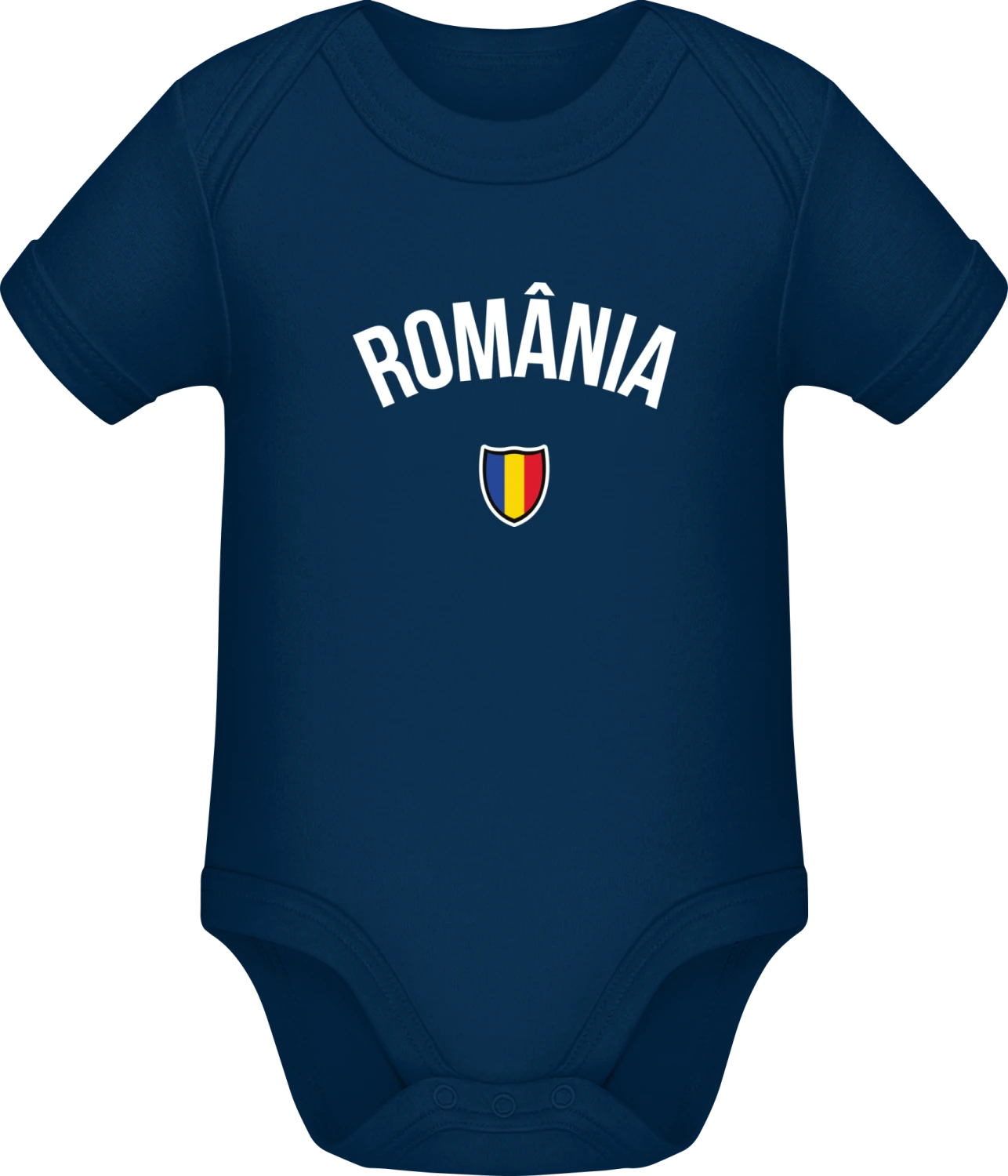 ROMANIA Flag Fan - Dark Blue Sonar SSL organic babybodsuit - Front