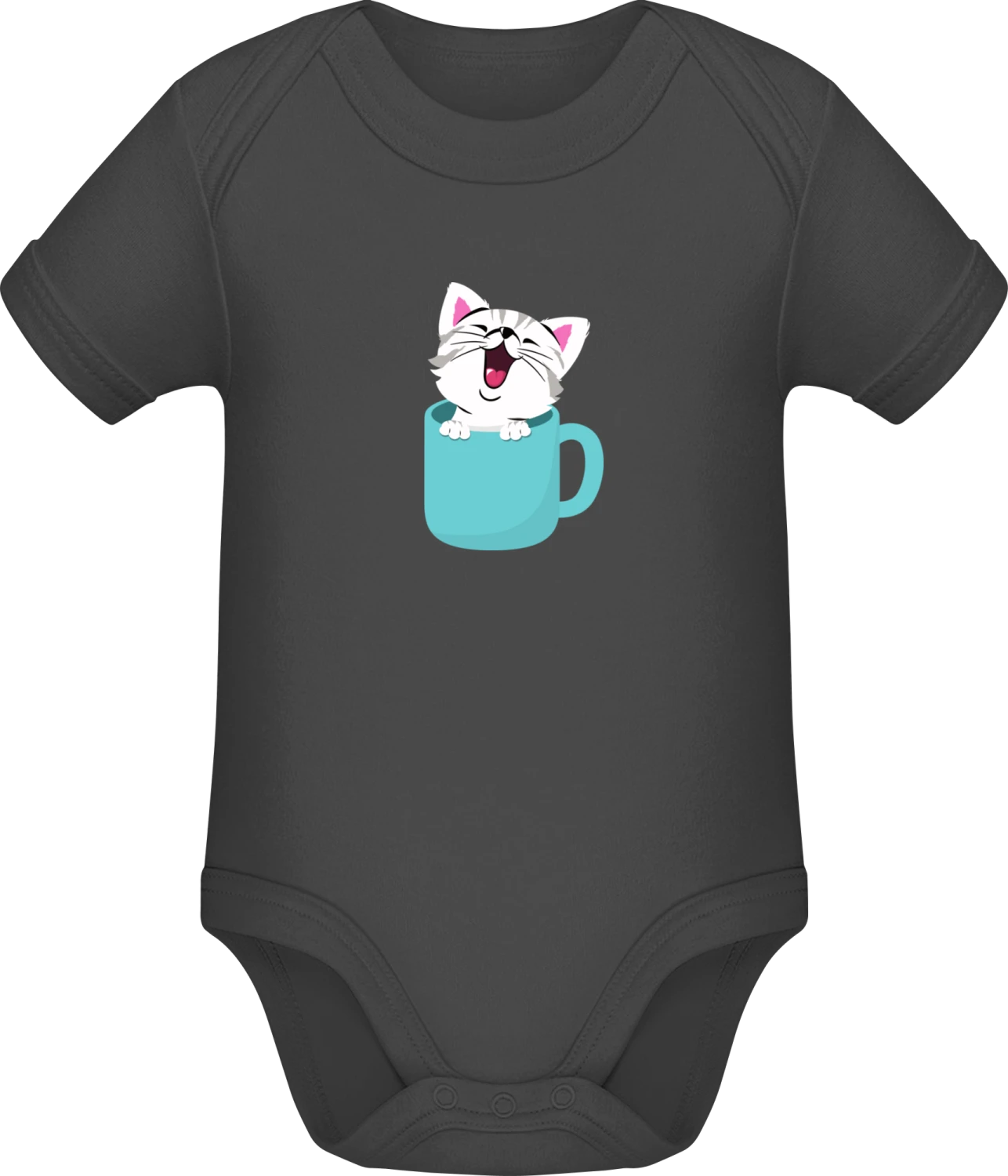 Cat In A Cup  - Dark Grey Sonar SSL organic babybodsuit - Front