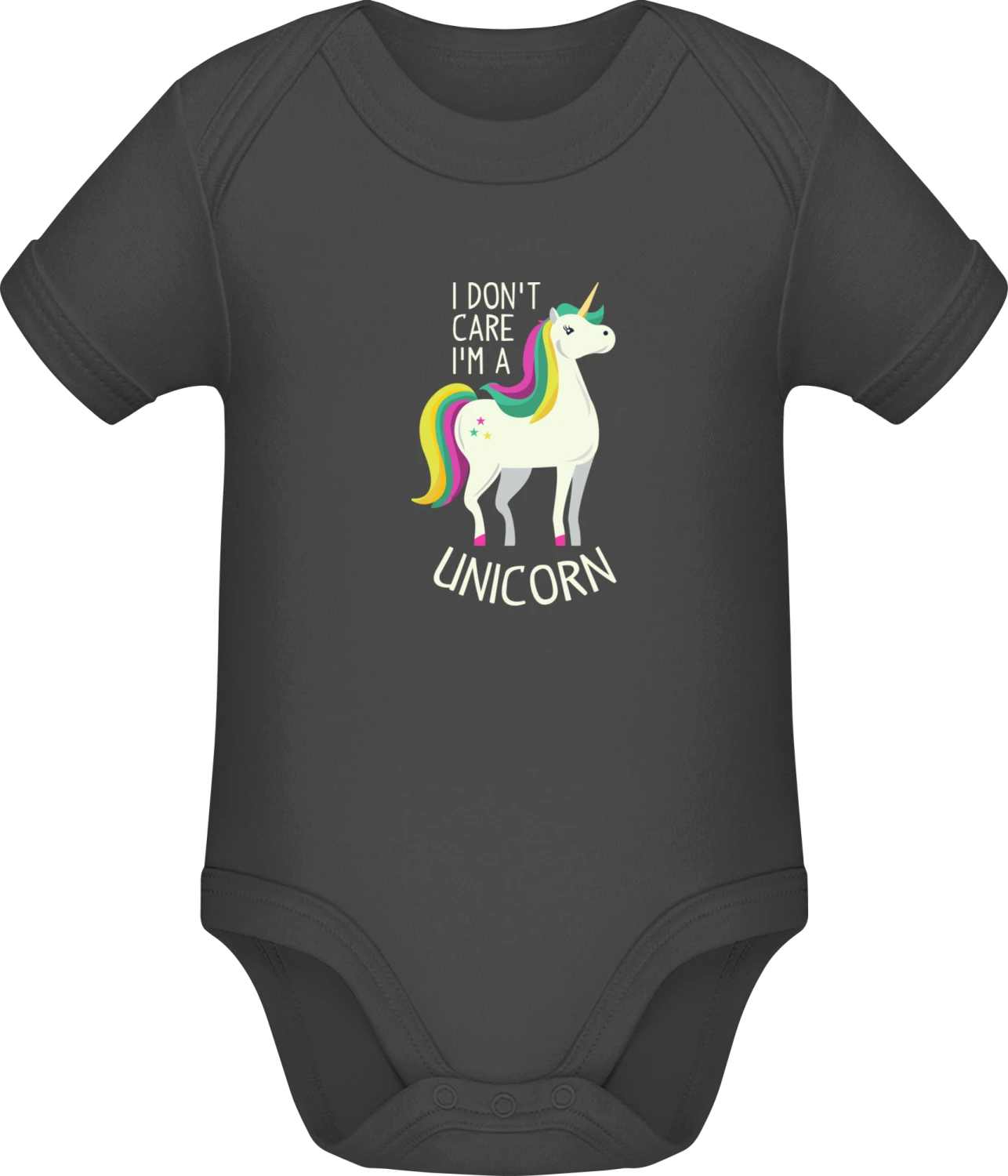 I don't care I'm a unicorn - Dark Grey Sonar SSL organic babybodsuit - Front