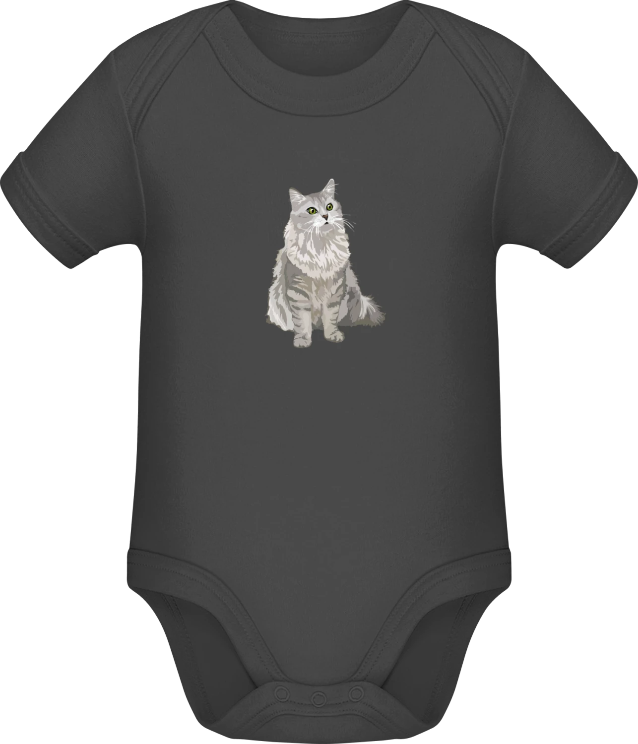 Silver Tabby Fluffy Cat  - Dark Grey Sonar SSL organic babybodsuit - Front