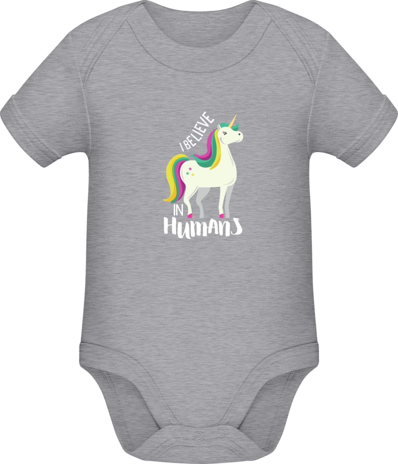 I Believe In Humans Unicorn - Grey Melange Sonar SSL organic babybodsuit - Front