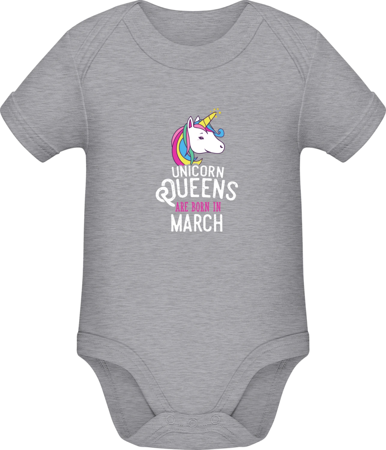 Unicorn Queens Are Born In March - Grey Melange Sonar SSL organic babybodsuit - Front