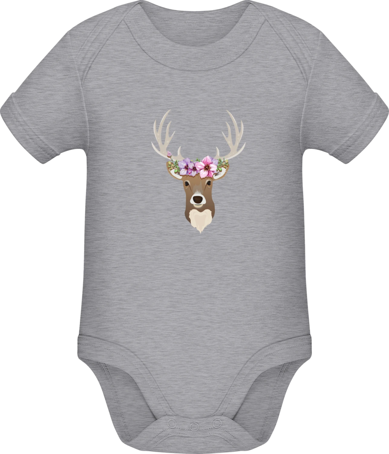 Deer With Flowers - Grey Melange Sonar SSL organic babybodsuit - Front