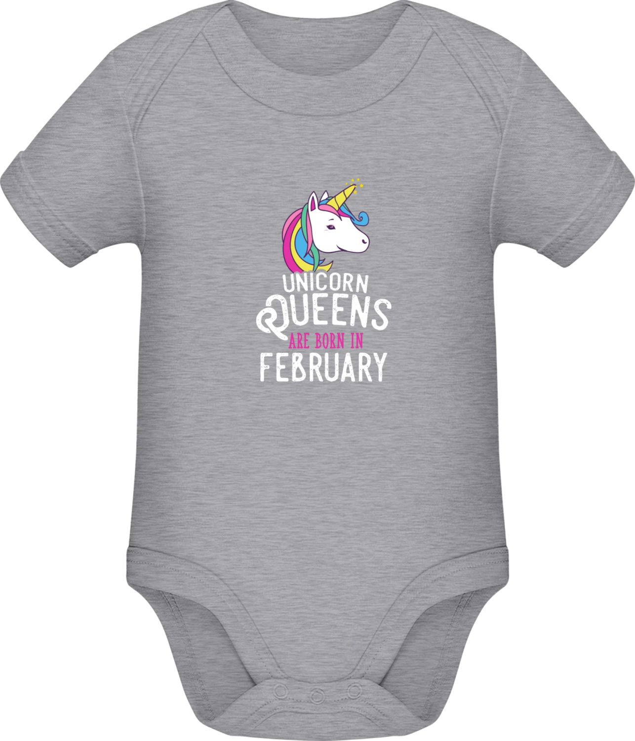 Unicorn Queens Are Born In February - Grey Melange Sonar SSL organic babybodsuit - Front