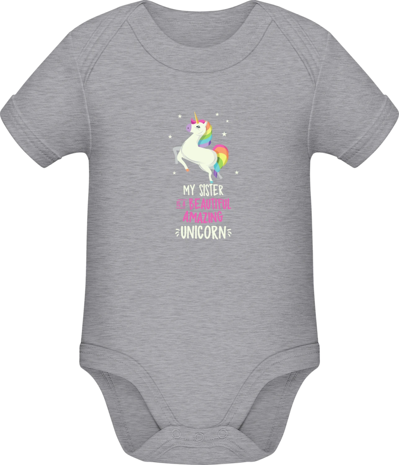 My Sister Is A Unicorn - Grey Melange Sonar SSL organic babybodsuit - Front