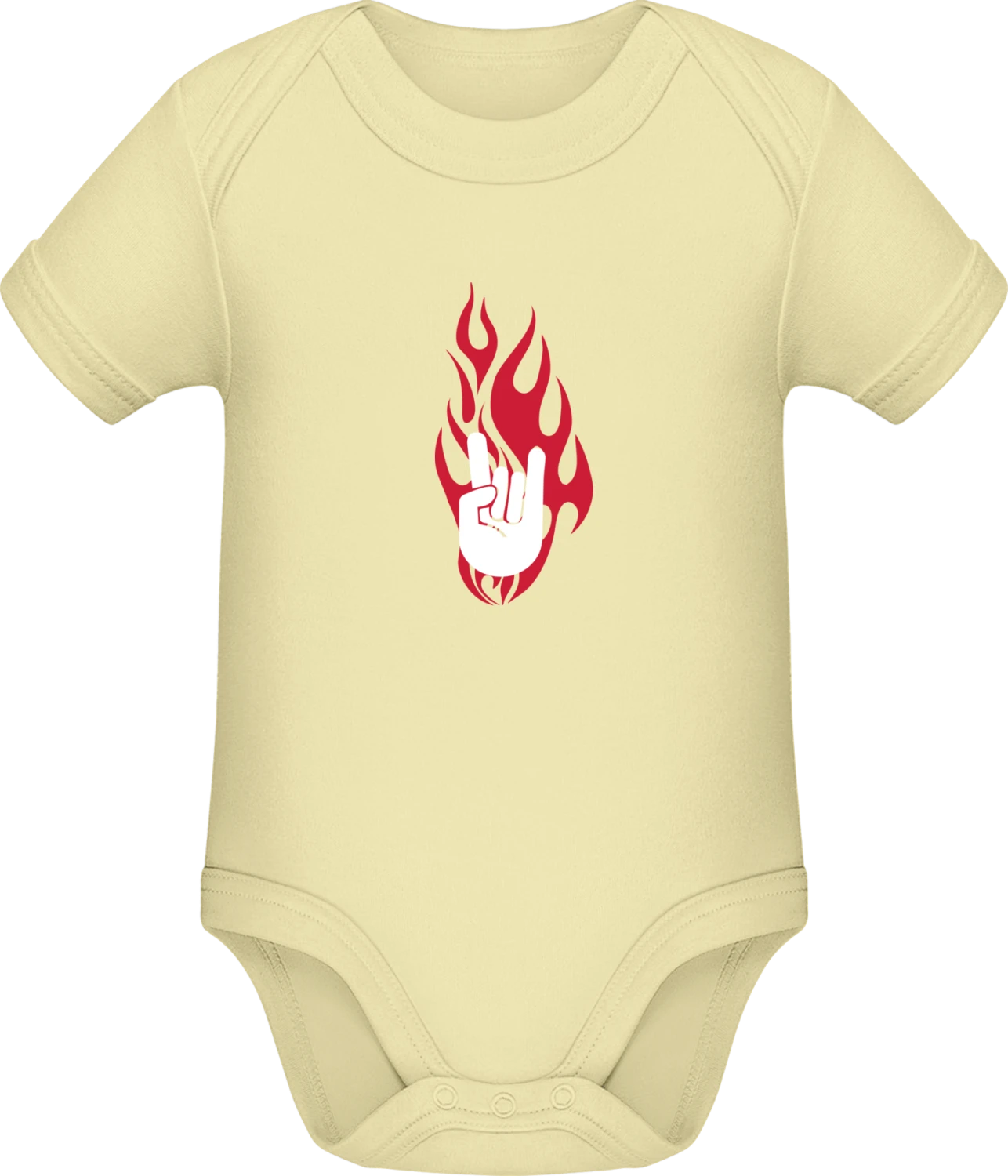 Rock On Hand in Flames - Lemon Sonar SSL organic babybodsuit - Front