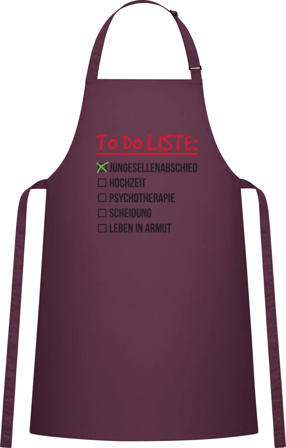 To Do Liste zur Hochzeit - Aubergine Cotton Bib Apron - Front