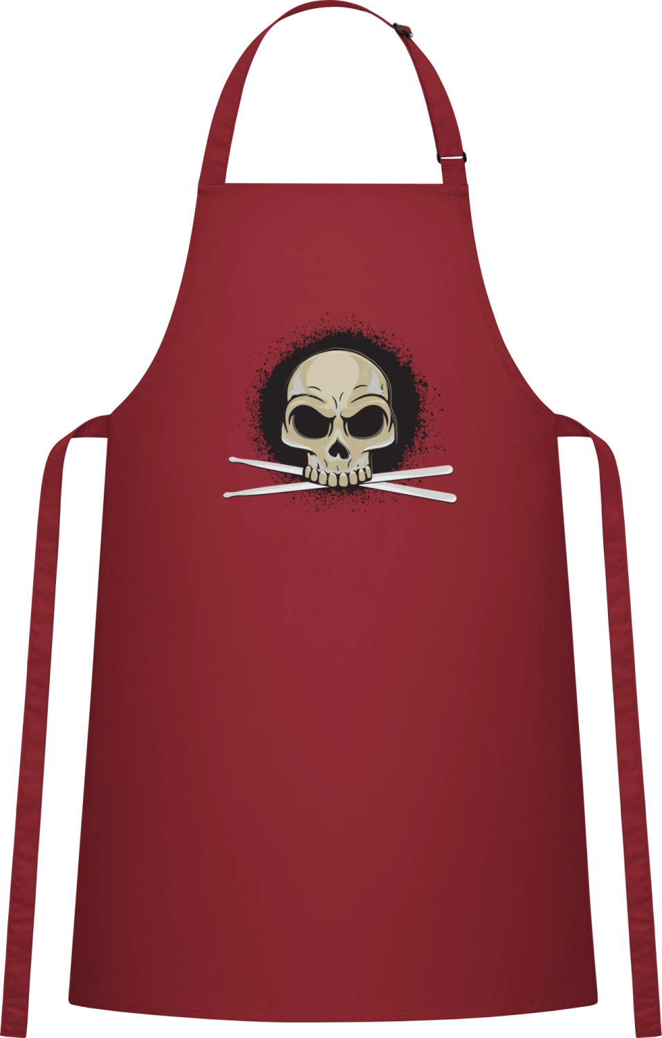 Drummer Skull With Drum Sticks - Burgundy Cotton Bib Apron - Front