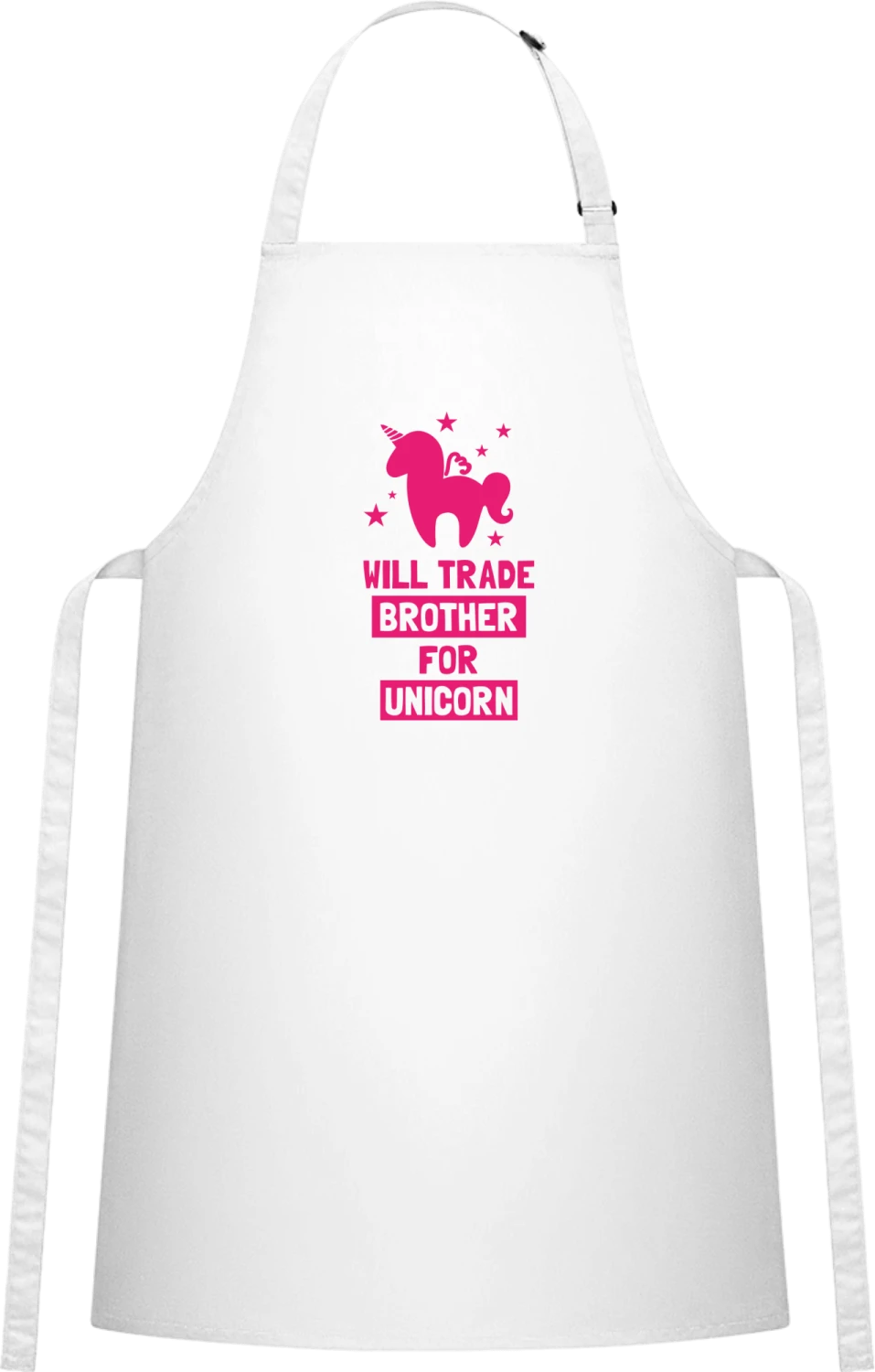 Will Trade Brother For Unicorn - White Cotton Bib Apron - Front