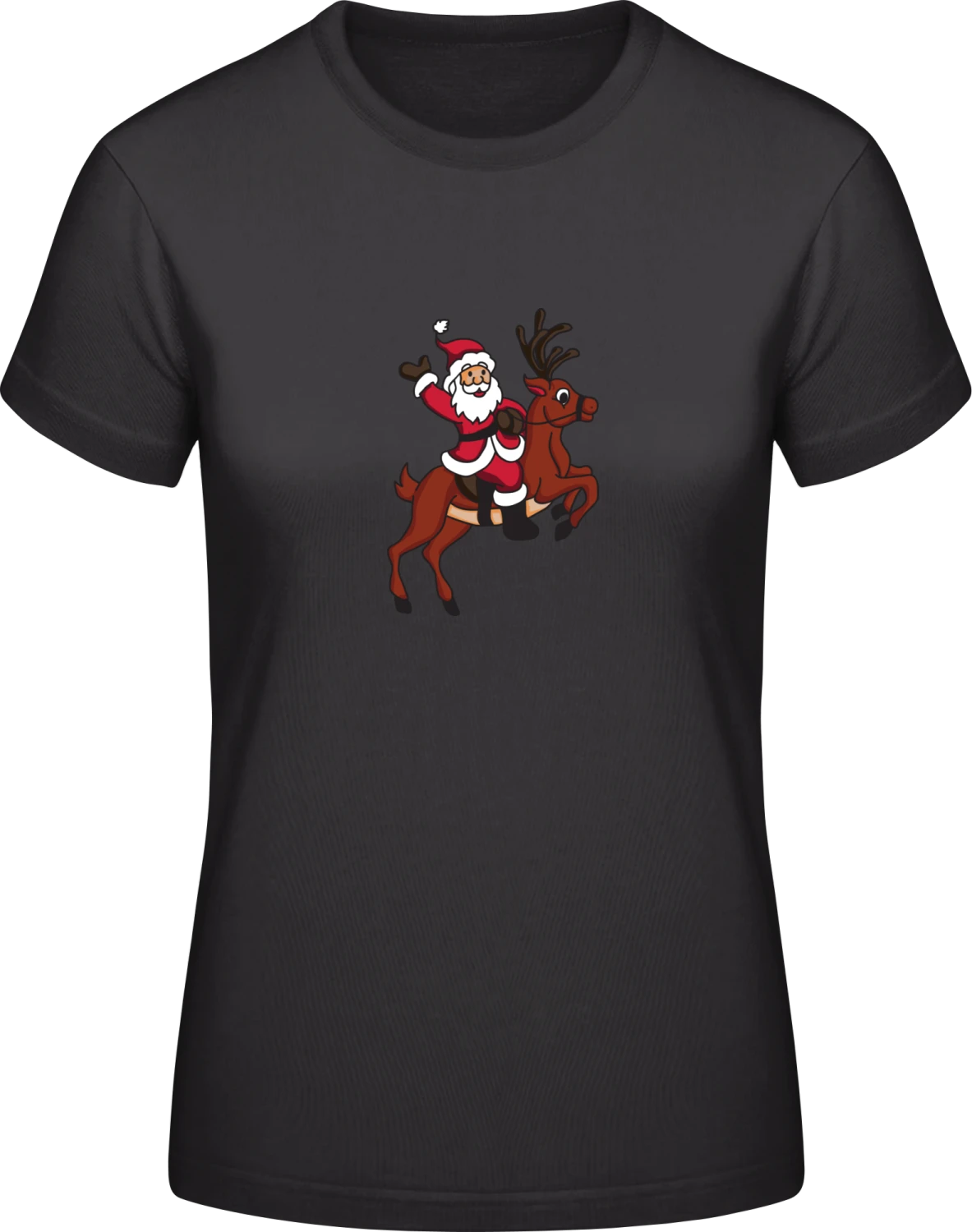 Santa Claus Riding Reindeer - Black #E190 women T-Shirt - Front