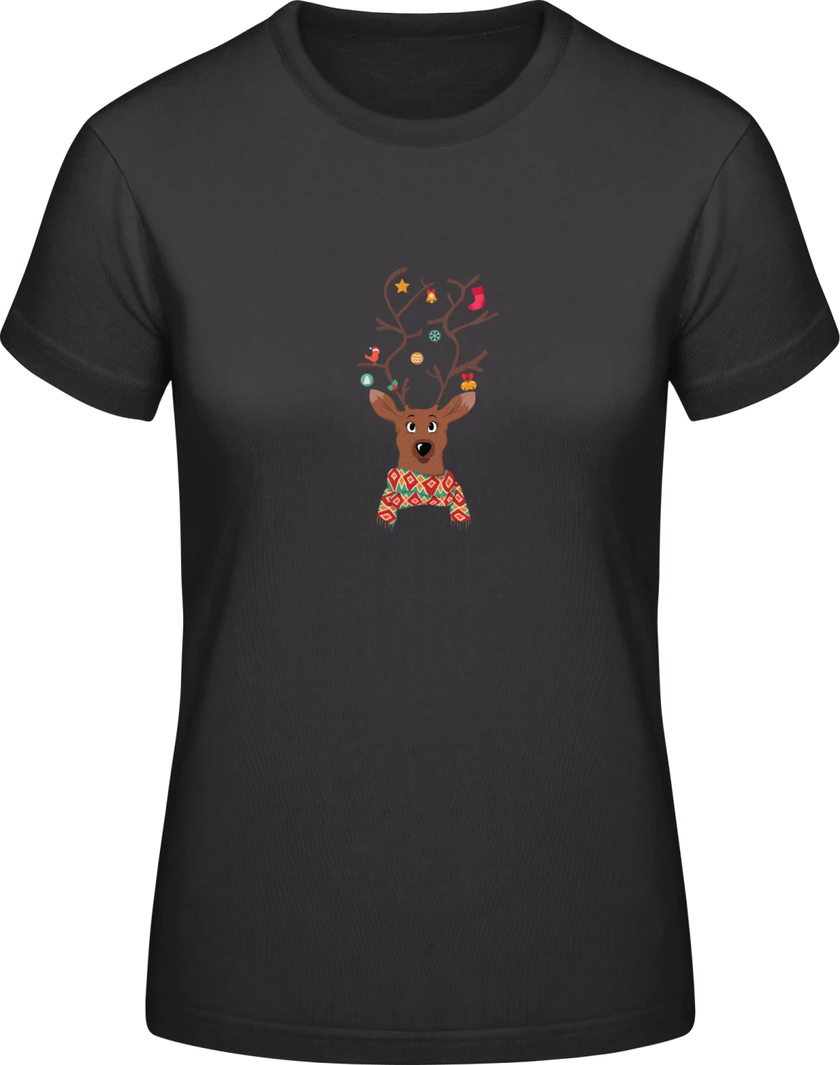 Christmas Decorated Reindeer - Black #E190 women T-Shirt - Front