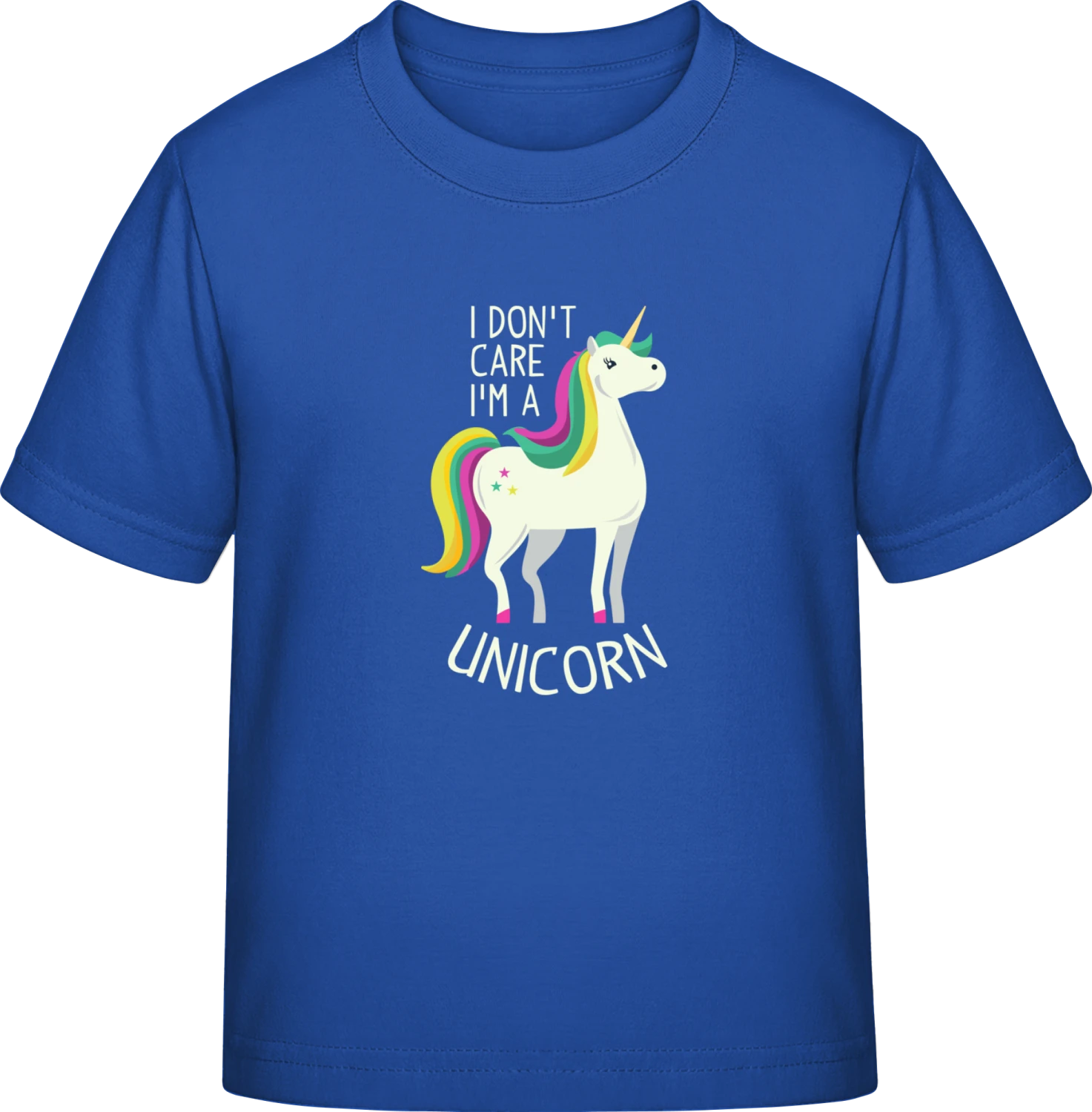 I don't care I'm a unicorn - Royal Blue Exact 190 Kids - Front