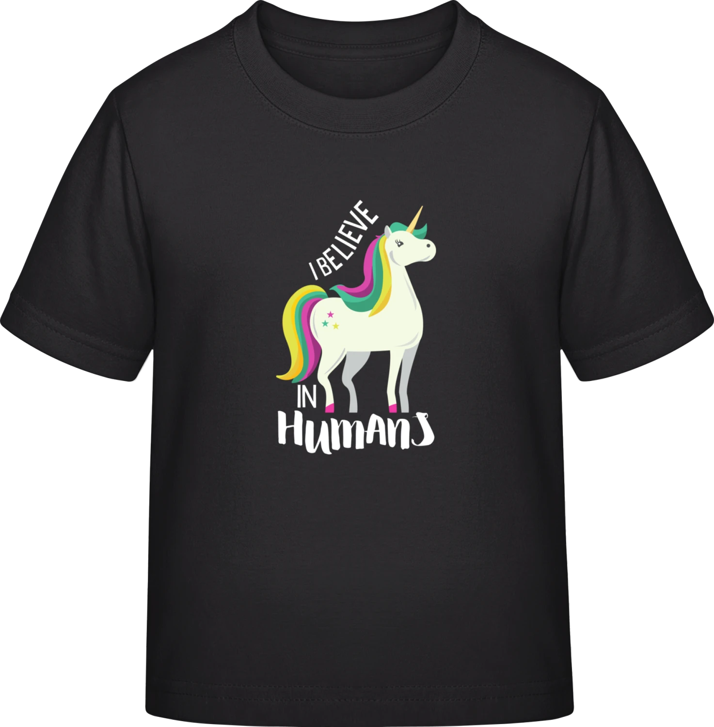 I Believe In Humans Unicorn - Black Exact 190 Kids - Front