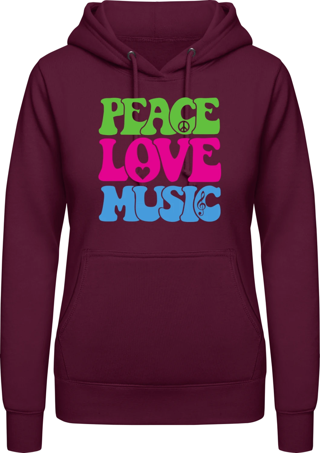 Peace Love Music - Burgundy AWDis ladies hoodie - Front