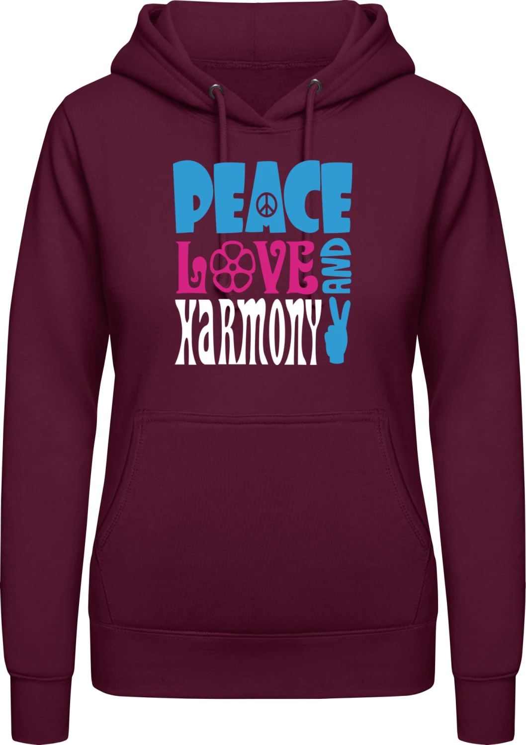 Peace Love Harmony - Burgundy AWDis ladies hoodie - Front