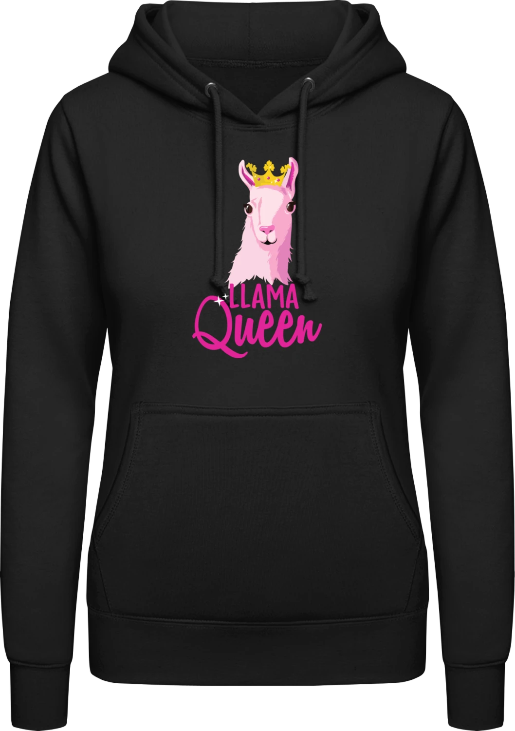 Llama Queen - Black AWDis ladies hoodie - Front