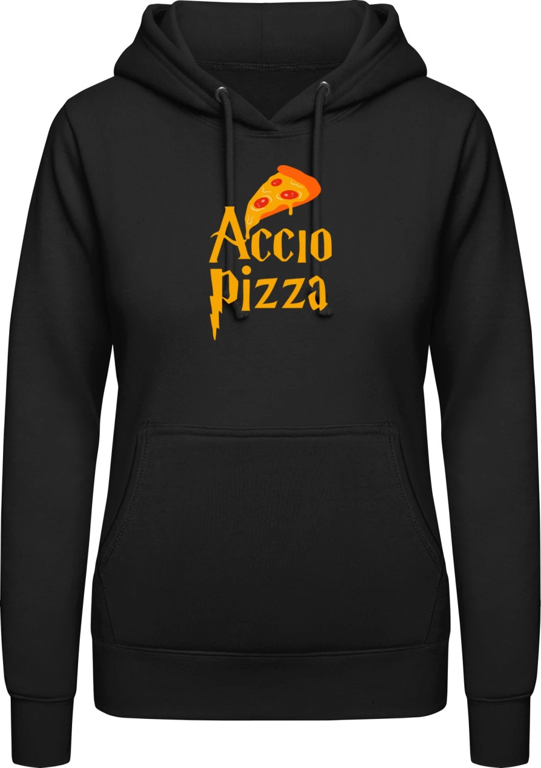 Accio Pizza - Black AWDis ladies hoodie - Front