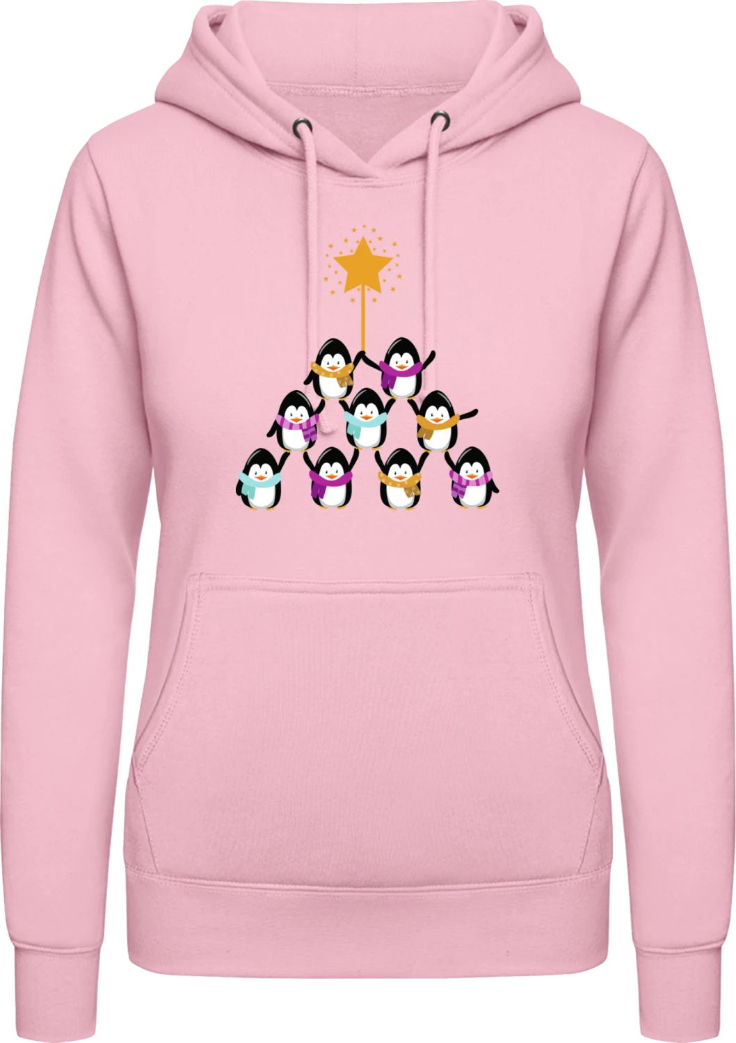 Penguin Christmas Tree - Baby pink AWDis ladies hoodie - Front