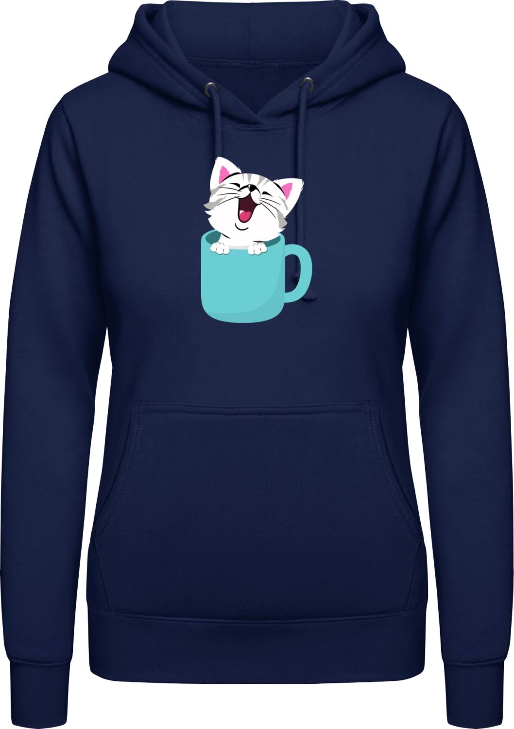 Cat In A Cup  - Oxford navy AWDis ladies hoodie - Front