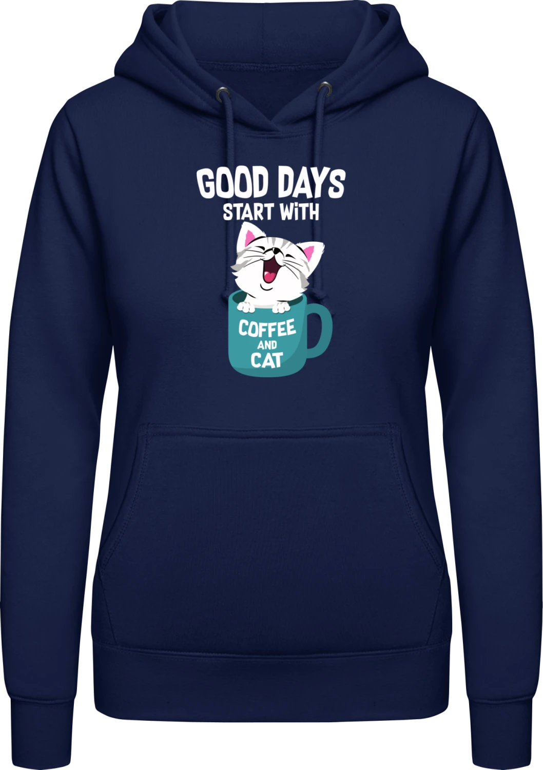 Good Days Start With Coffee And Cat - Oxford navy AWDis ladies hoodie - Front