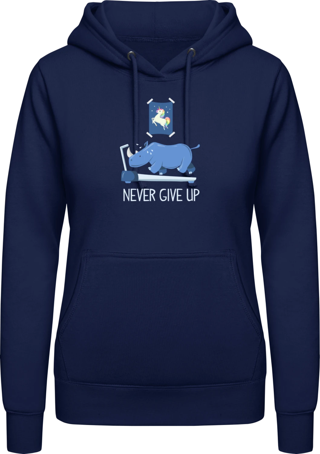 Never Give Up - Oxford navy AWDis ladies hoodie - Front