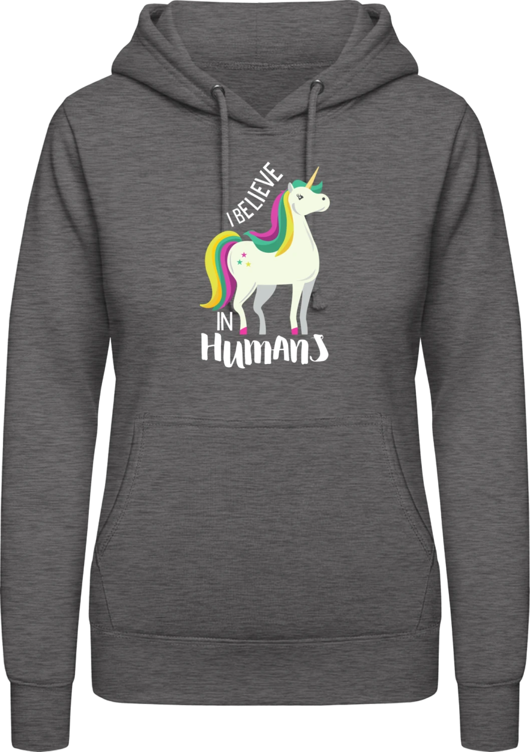 I Believe In Humans Unicorn - Charcoal AWDis ladies hoodie - Front