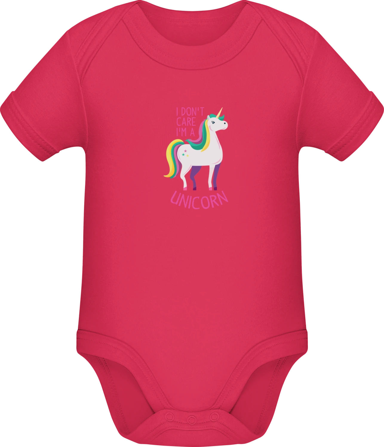 I Don´t Care I´m A Unicorn Pink - Sorbet Sonar SSL organic babybodsuit - Front