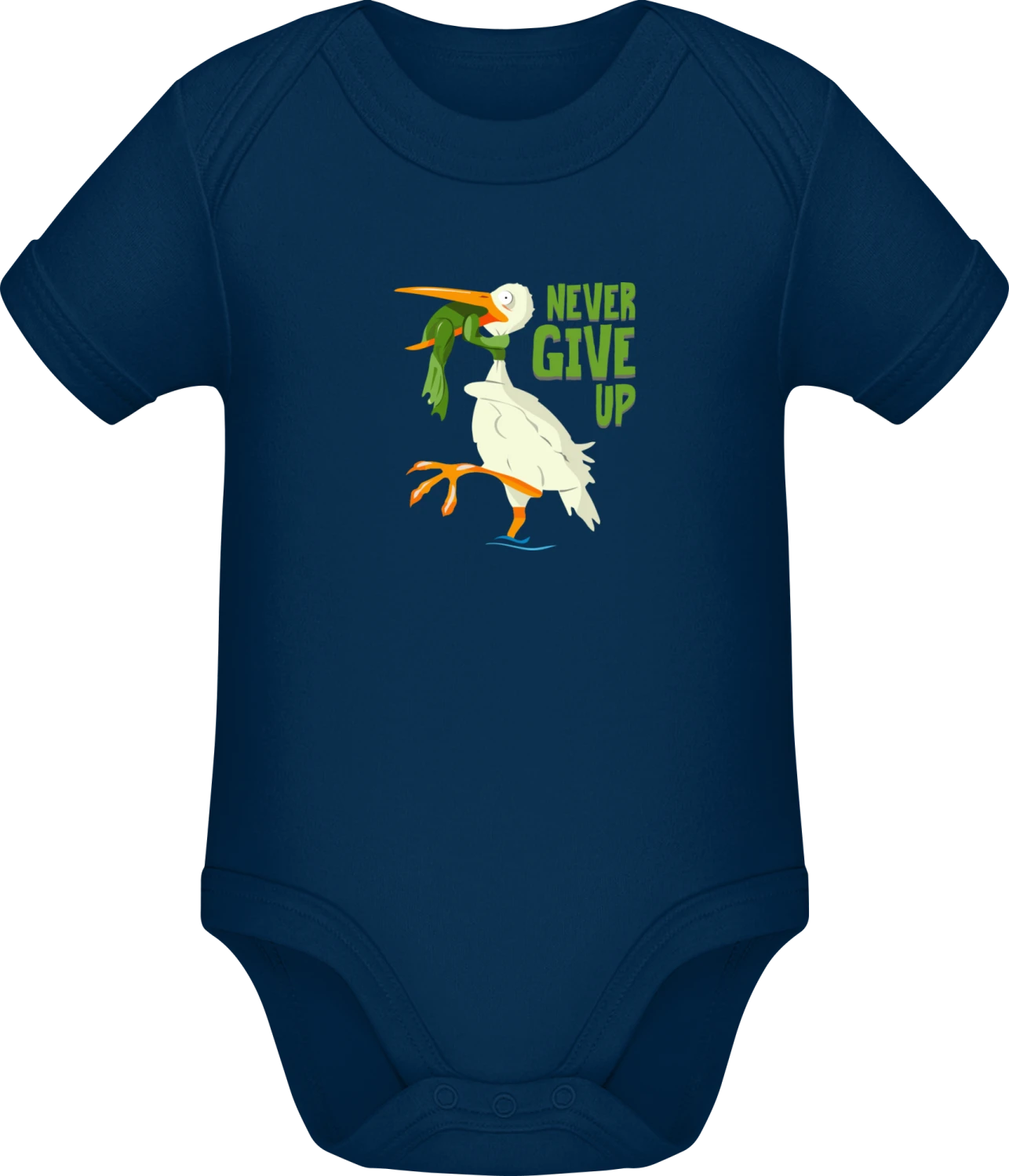 Never Give Up Frog - Dark Blue Sonar SSL organic babybodsuit - Front