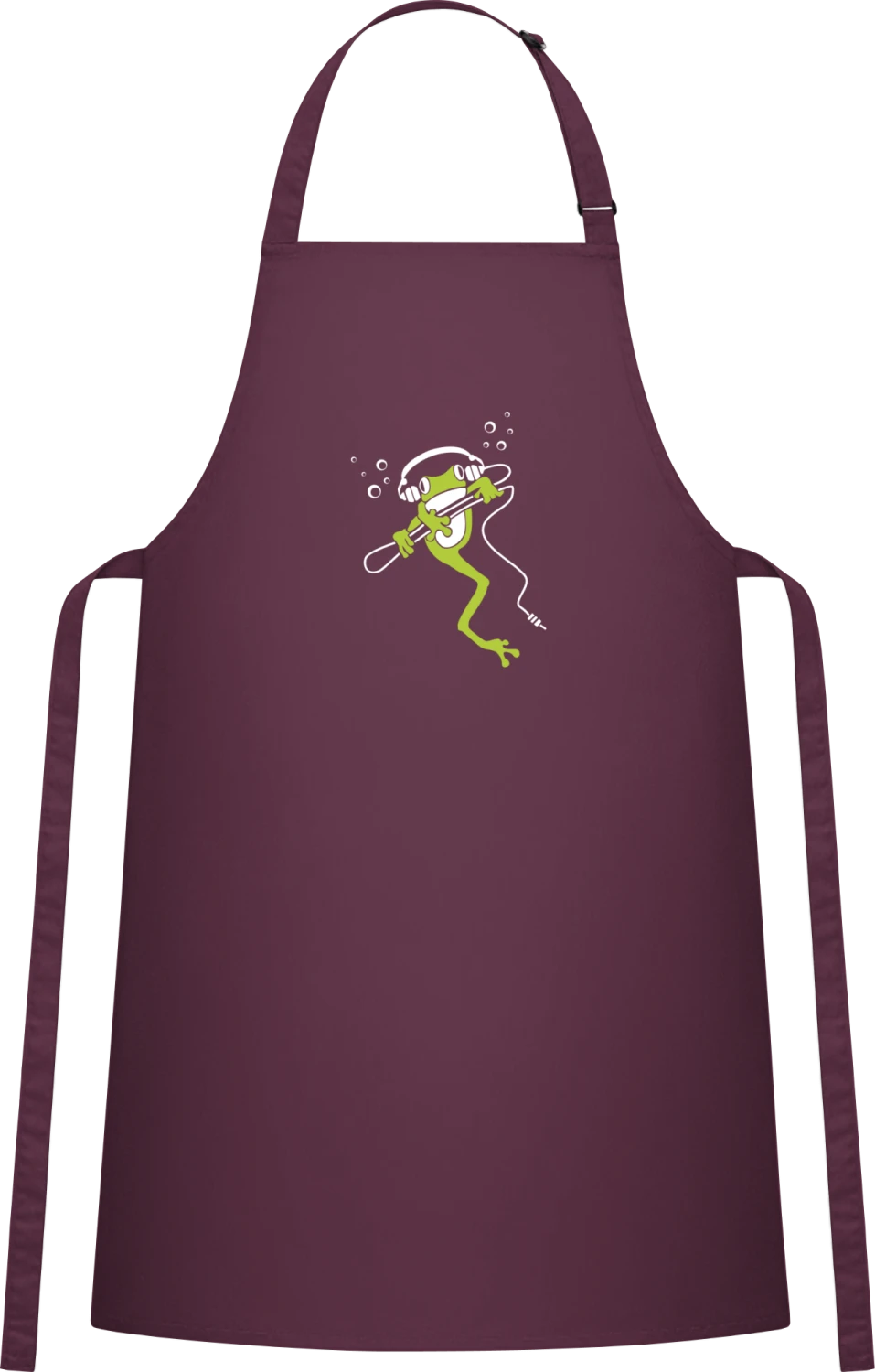 Frog With Headphone - Aubergine Cotton Bib Apron - Front