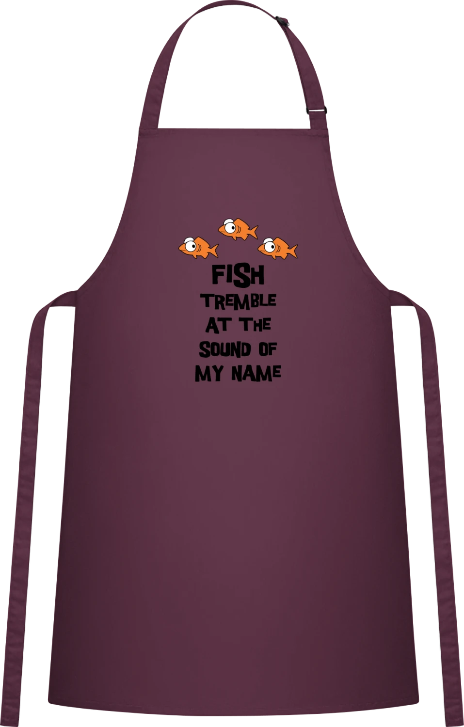 Fish Tremble at the sound of my name - Aubergine Cotton Bib Apron - Front