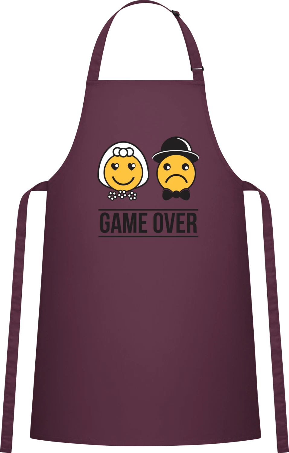 Bride and Groom Smiley Game Over - Aubergine Cotton Bib Apron - Front