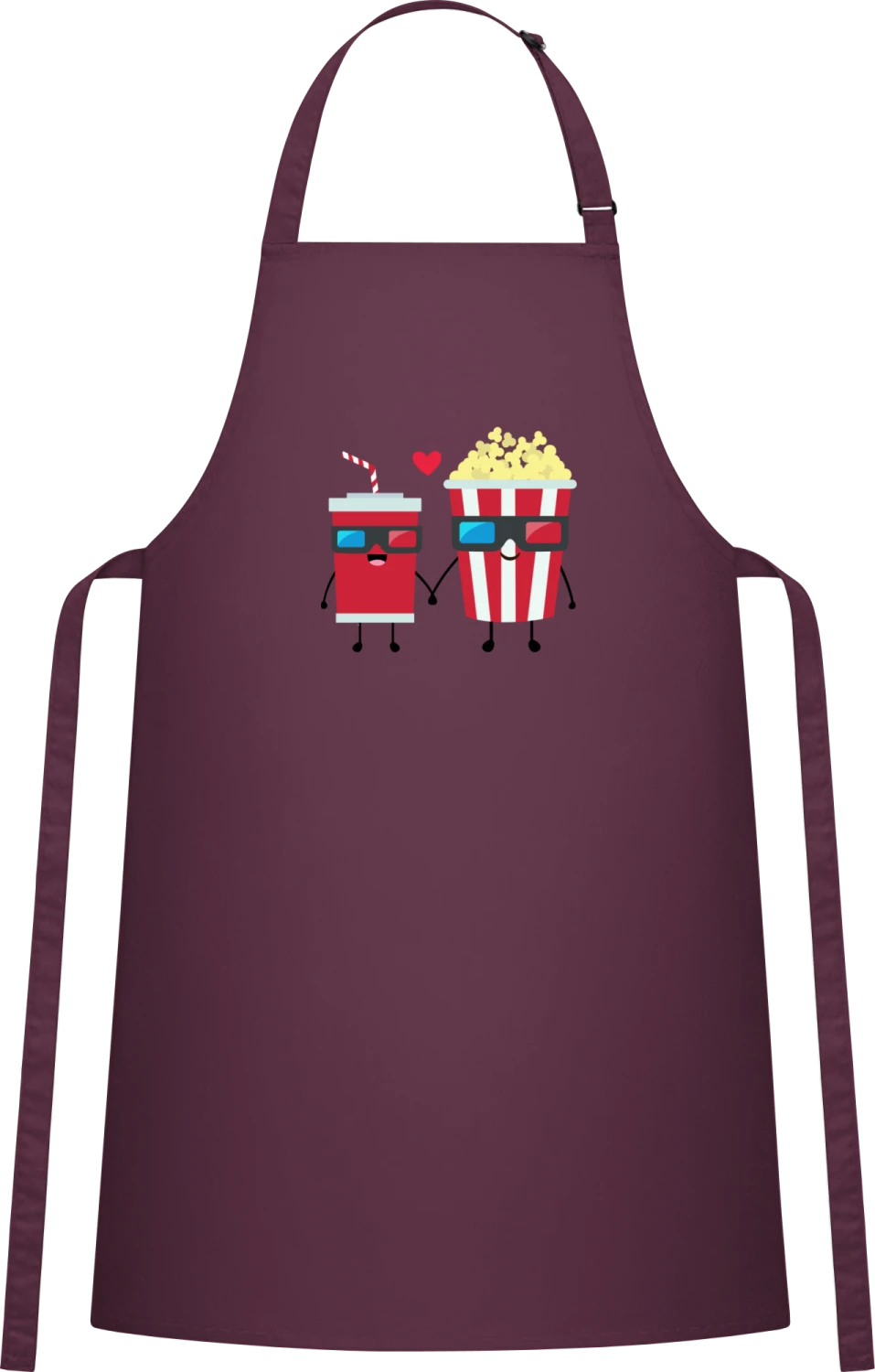 Drink And Pop Corn In Love - Aubergine Cotton Bib Apron - Front