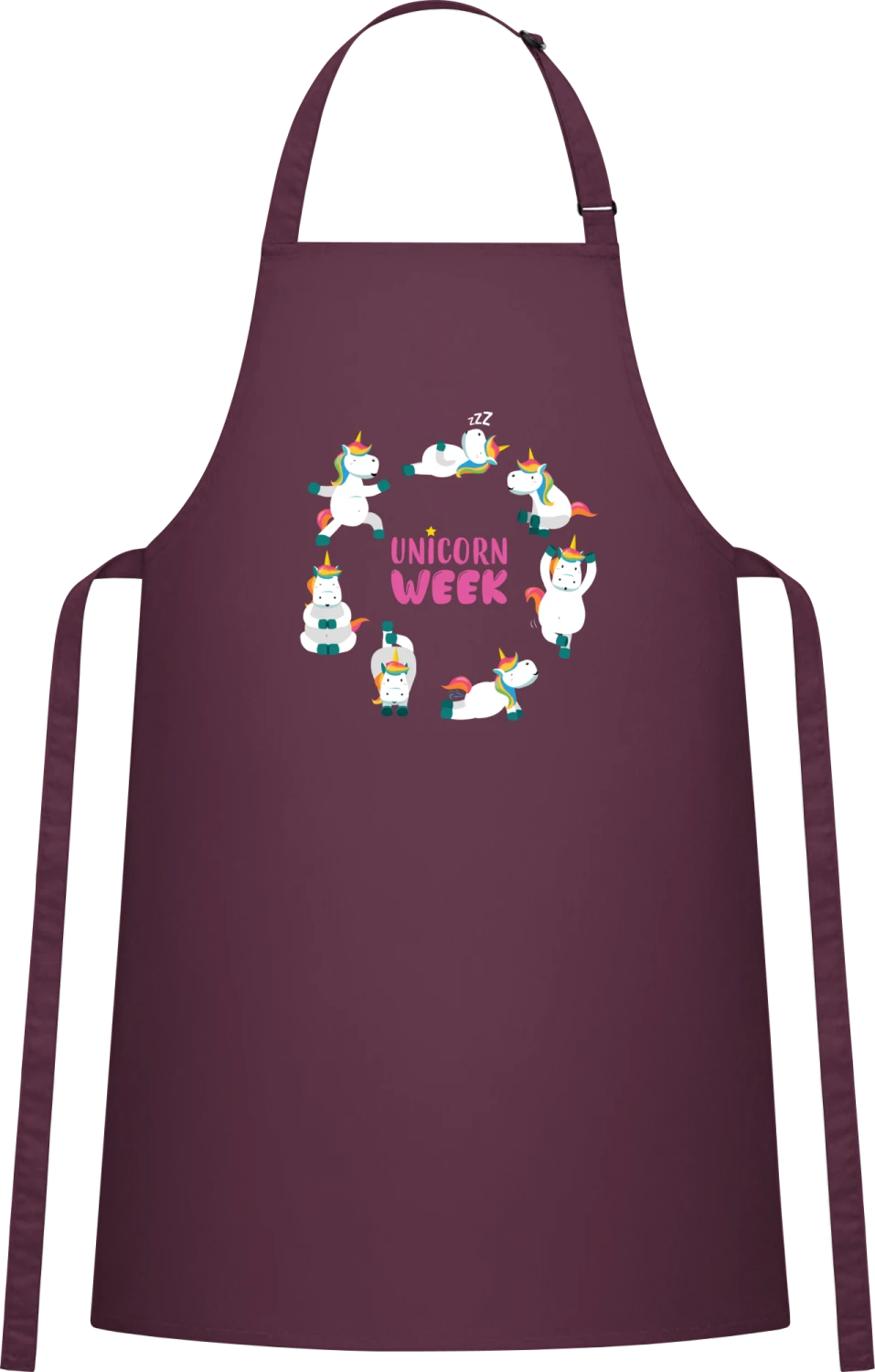 Unicorn Week - Aubergine Cotton Bib Apron - Front