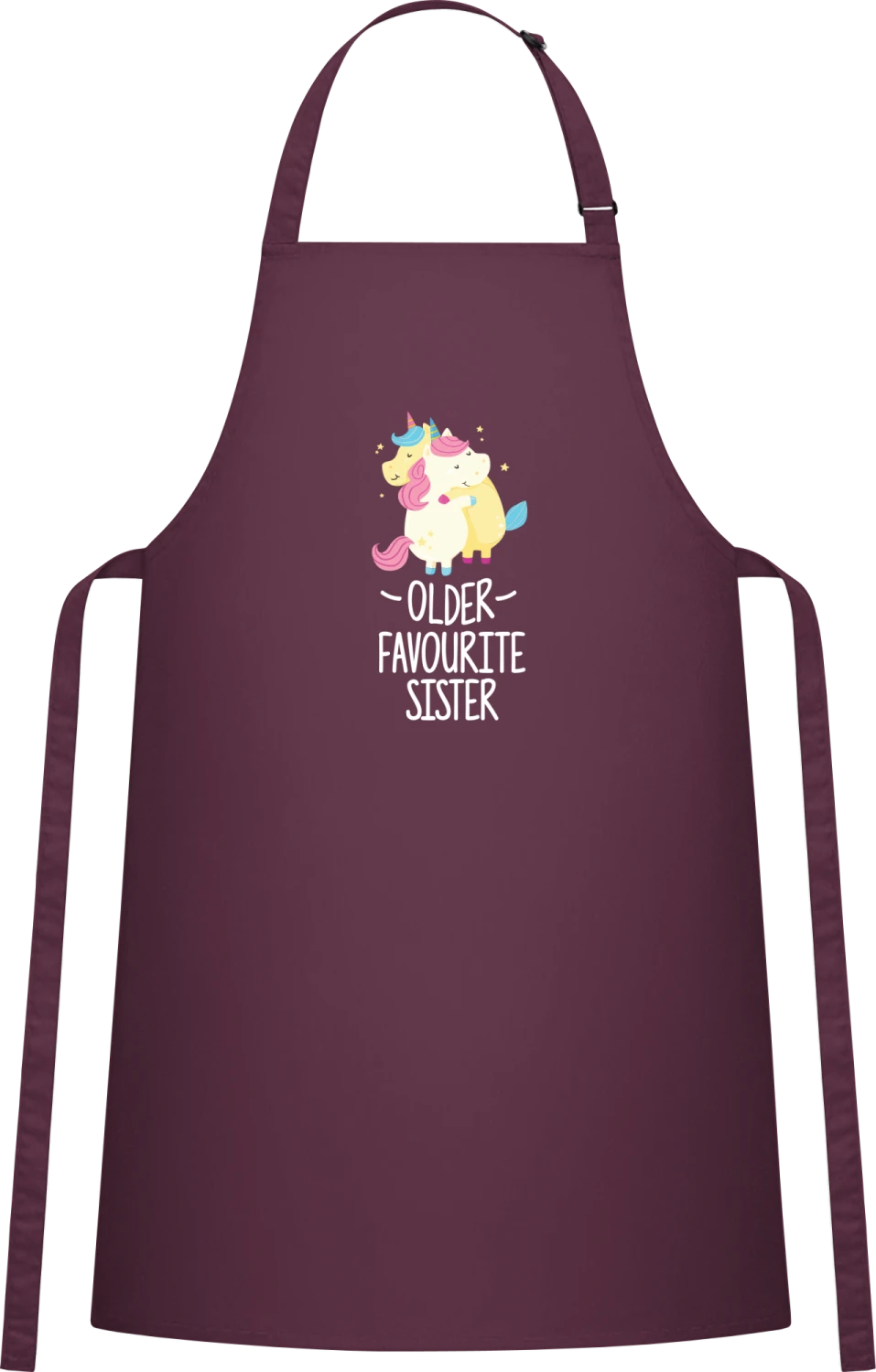 Older Favourite Sister Unicorn - Aubergine Cotton Bib Apron - Front