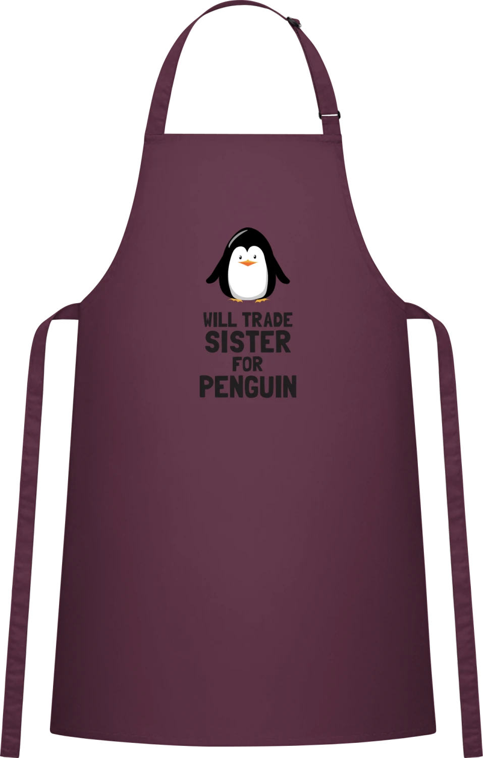 Will Trade Sister For Penguin - Aubergine Cotton Bib Apron - Front