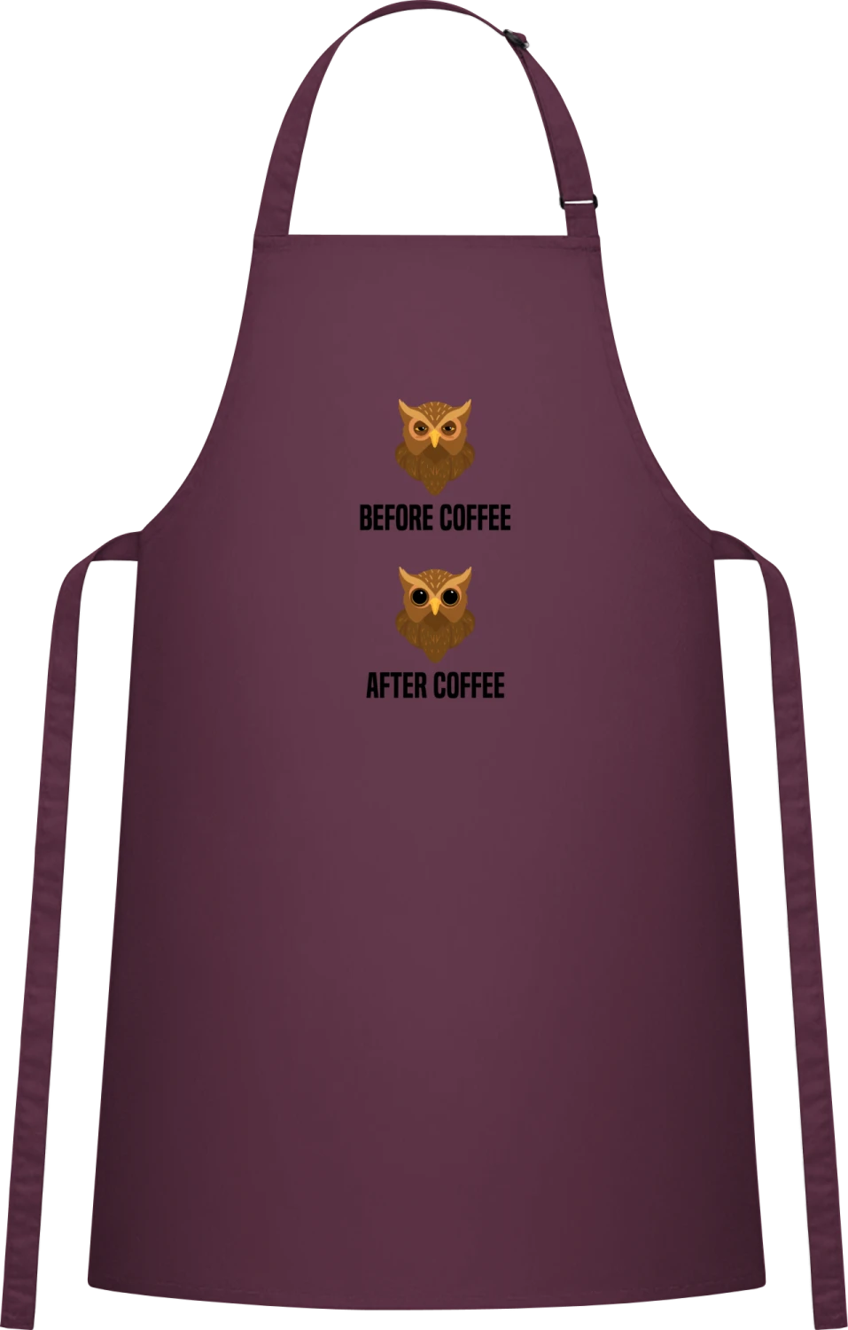 Before Coffee After Coffee Owl - Aubergine Cotton Bib Apron - Front