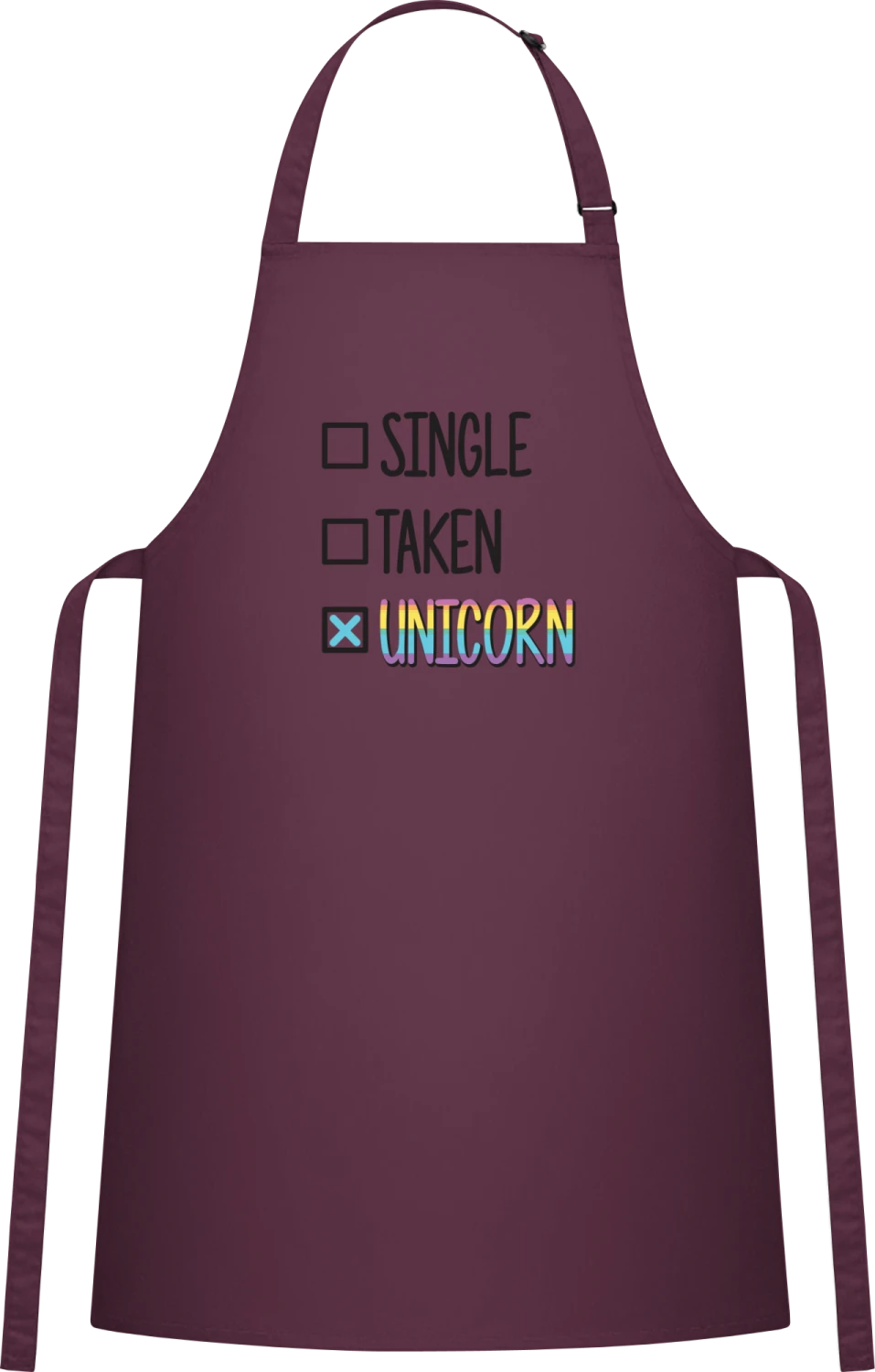 Single Taken Unicorn - Aubergine Cotton Bib Apron - Front