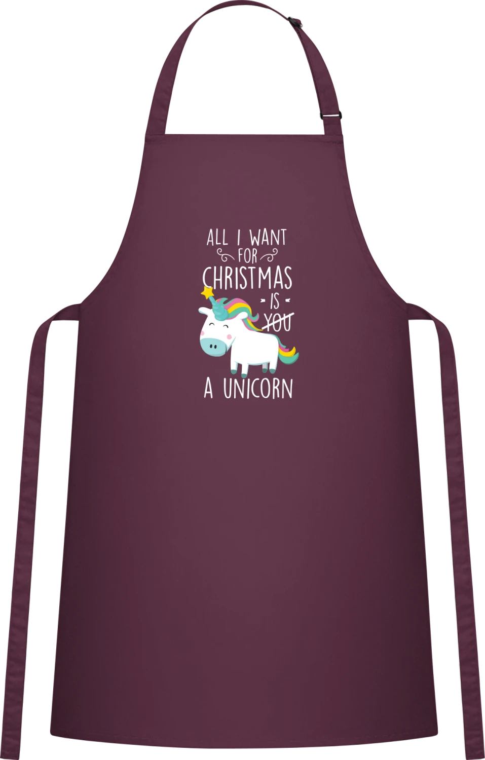 All I Want For Christmas Is A Unicorn - Aubergine Cotton Bib Apron - Front