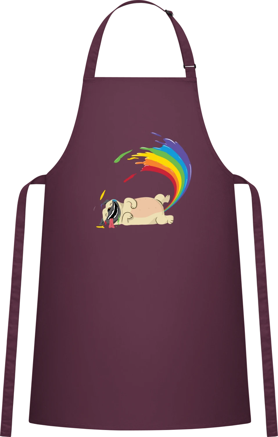 Pug Pooping A Rainbow - Aubergine Cotton Bib Apron - Front