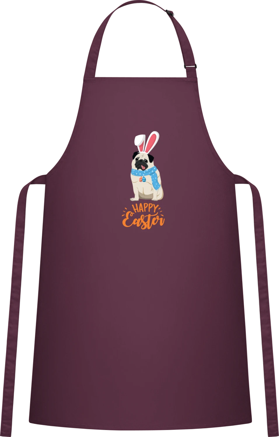 Happy Easter Pug - Aubergine Cotton Bib Apron - Front