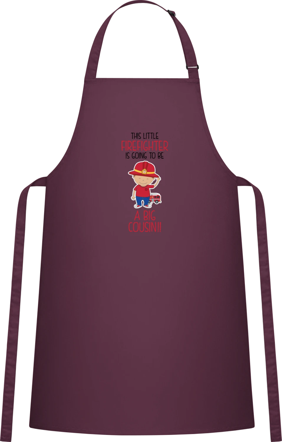 This Little Firefighter Is Going To Be A Big Cousin - Aubergine Cotton Bib Apron - Front