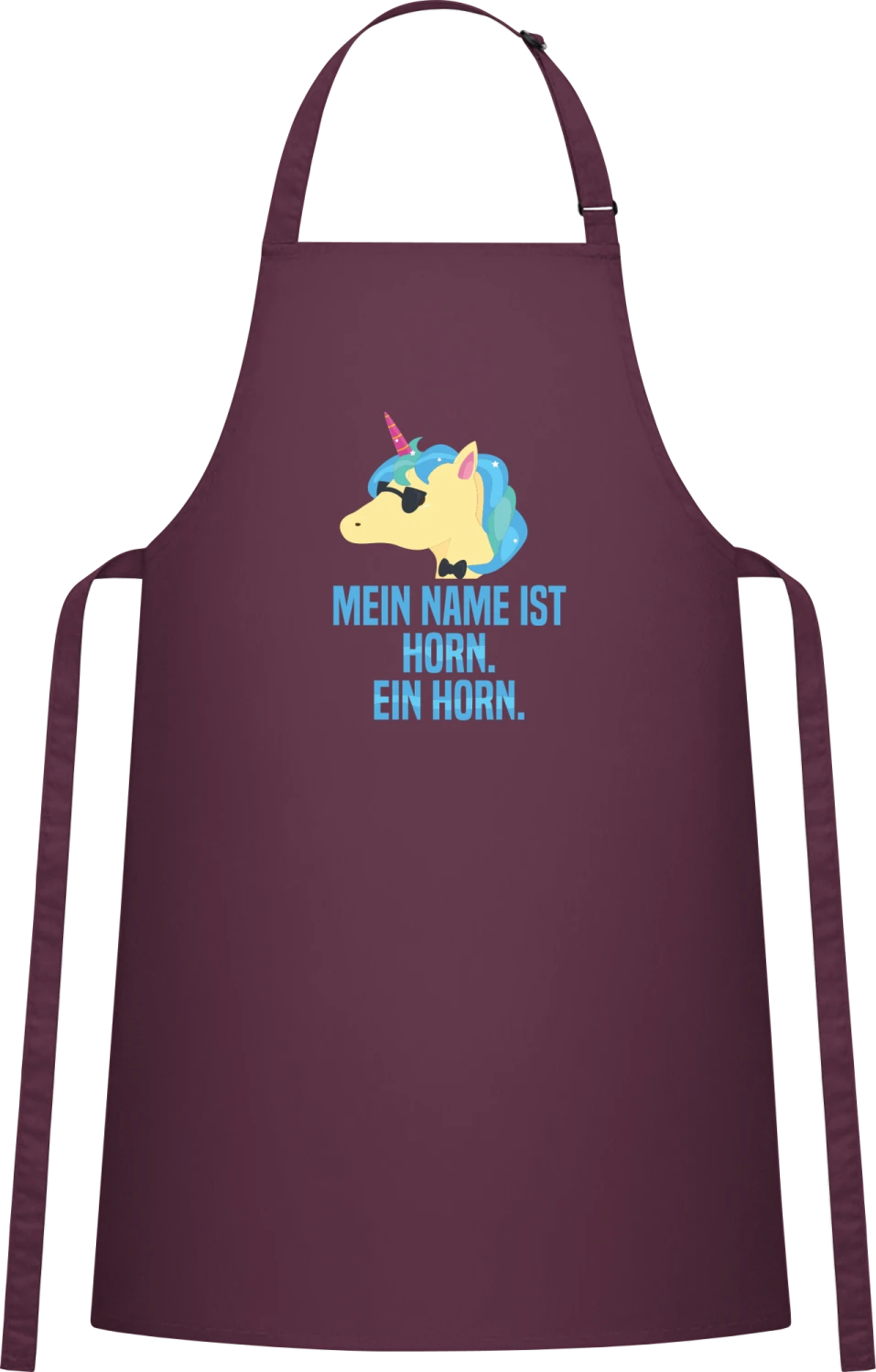 Mein Name ist Horn. Ein Horn - Aubergine Cotton Bib Apron - Front