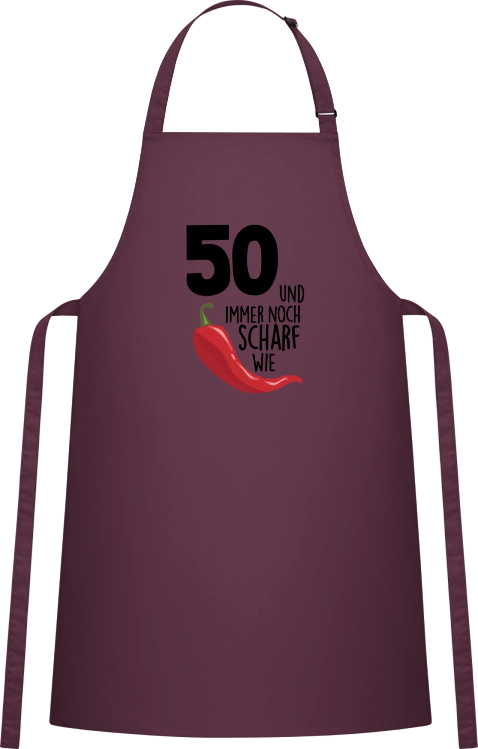 50 und scharf wie Chili - Aubergine Cotton Bib Apron - Front