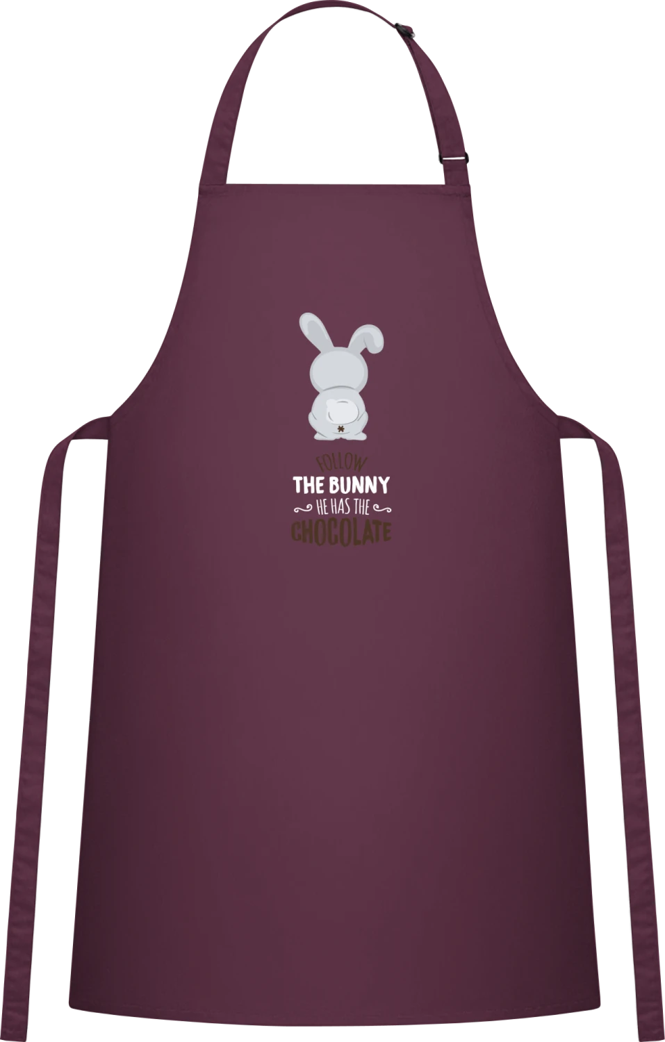 Follow The Bunny He Has The Chocolate - Aubergine Cotton Bib Apron - Front