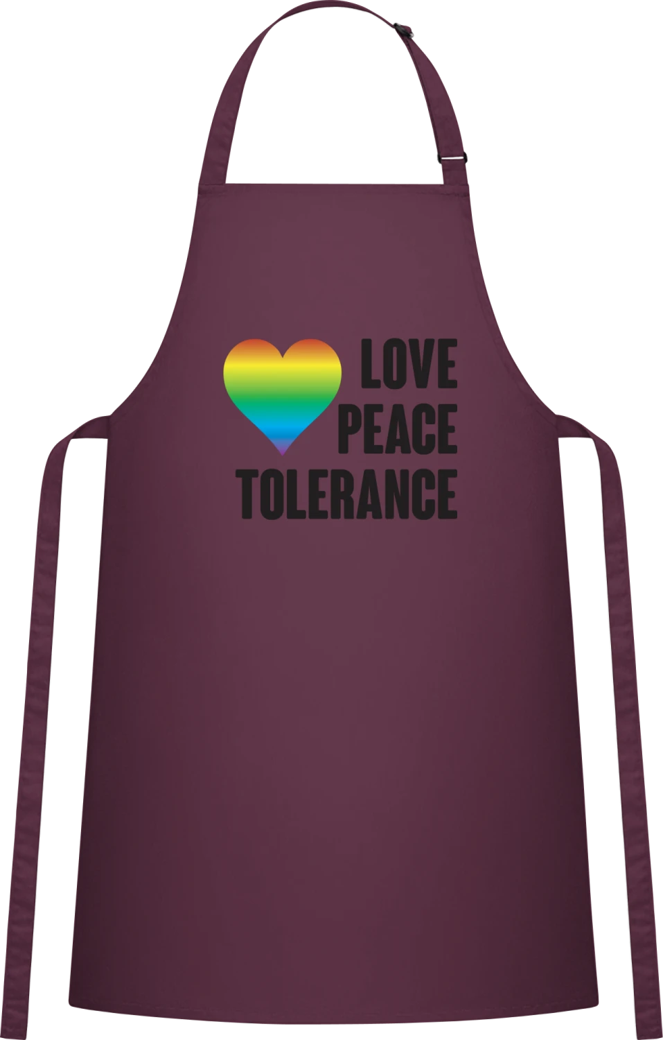 Love Peace Tolerance - Aubergine Cotton Bib Apron - Front