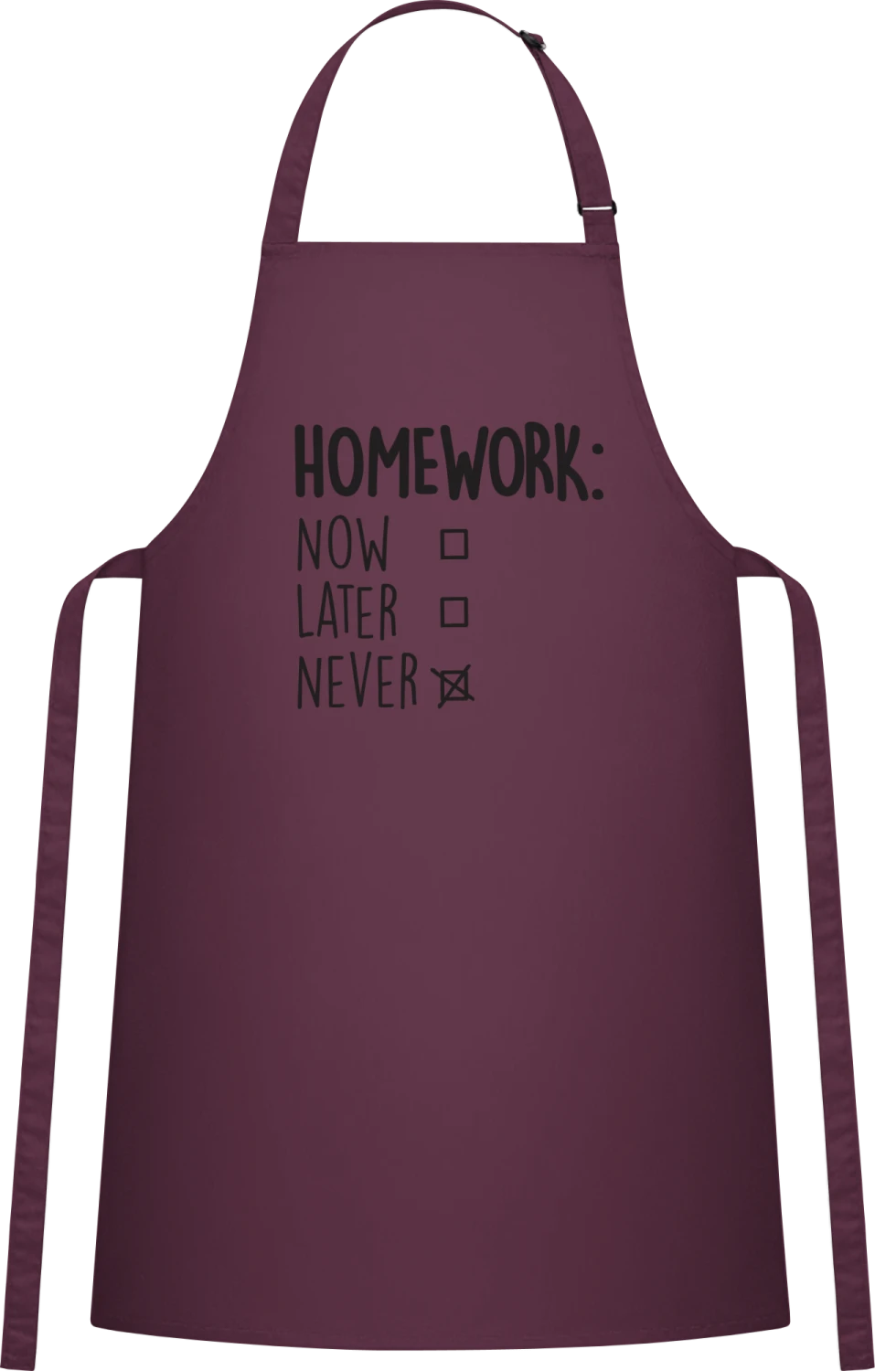 Homework: Never - Aubergine Cotton Bib Apron - Front